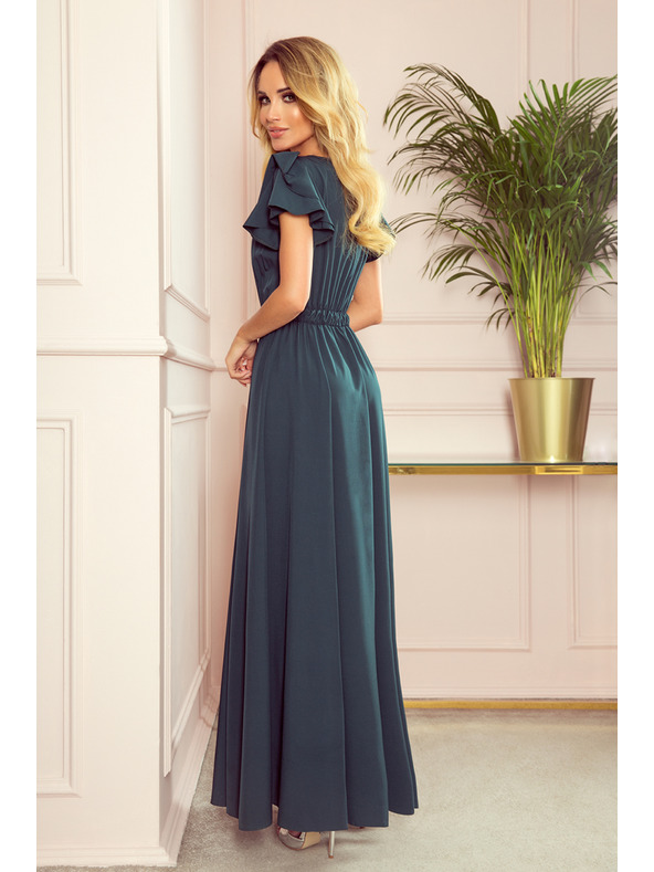 numoco LIDIA hosszú ruha dekoltázzsal és fodrokkal - zöld