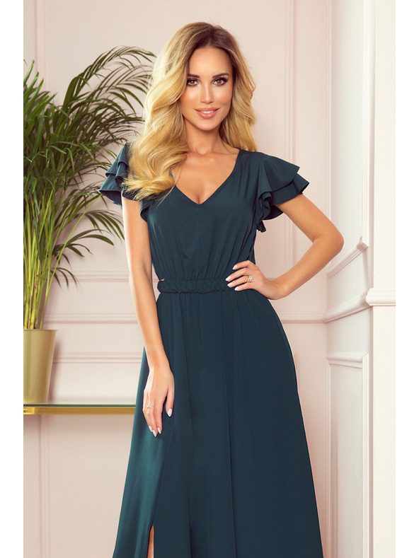 numoco LIDIA hosszú ruha dekoltázzsal és fodrokkal - zöld