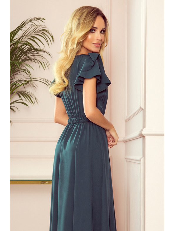 numoco LIDIA hosszú ruha dekoltázzsal és fodrokkal - zöld