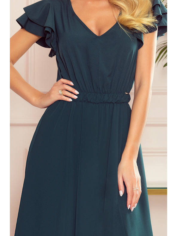 numoco LIDIA hosszú ruha dekoltázzsal és fodrokkal - zöld