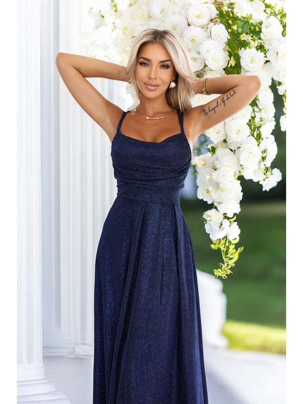 numoco Hosszú ruha finom csillogással és fűzős hátrésszel - sötétkék csillogással