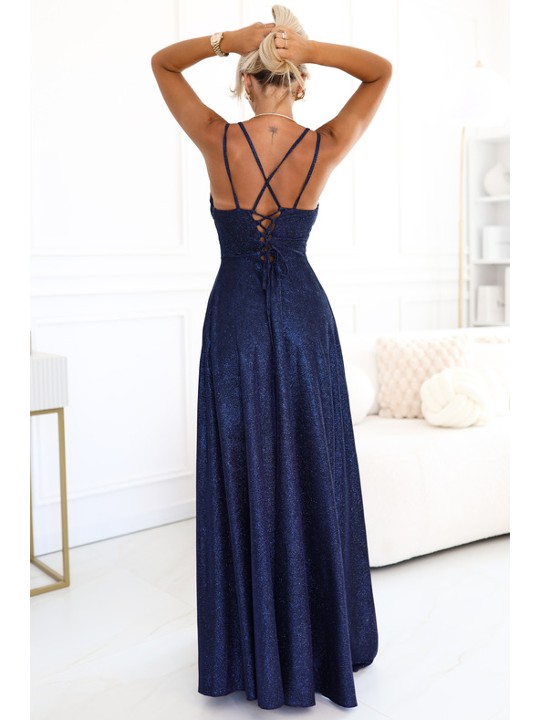 numoco Hosszú ruha finom csillogással és fűzős hátrésszel - sötétkék csillogással