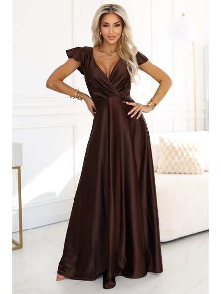 numoco CRYSTAL szatén hosszú ruha dekoltázzsal - csokoládébarna