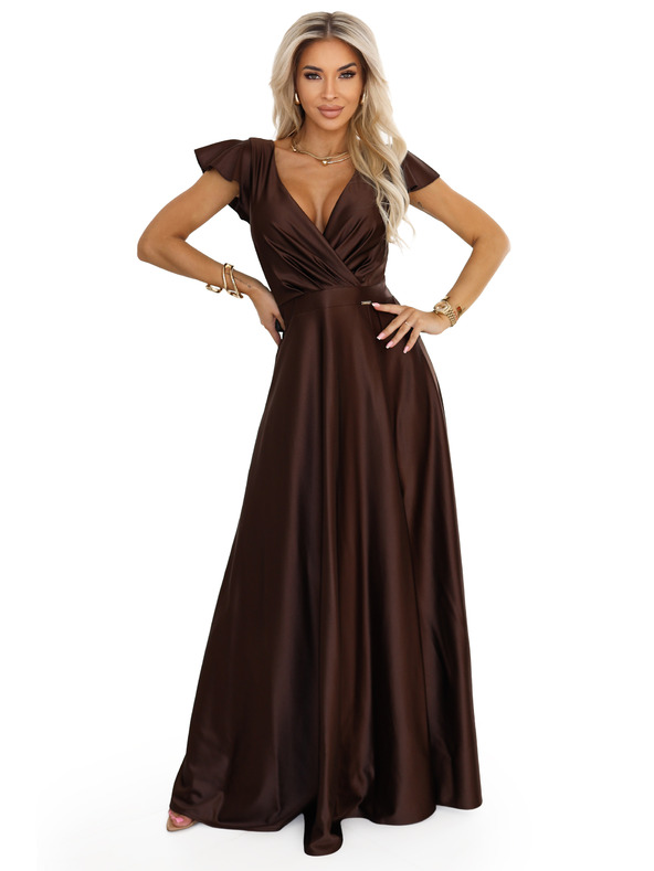 numoco CRYSTAL szatén hosszú ruha dekoltázzsal - csokoládébarna