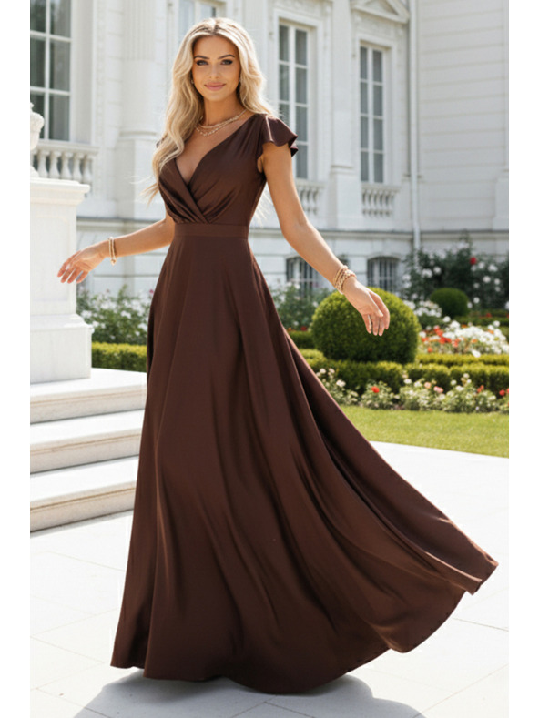 numoco CRYSTAL szatén hosszú ruha dekoltázzsal - csokoládébarna