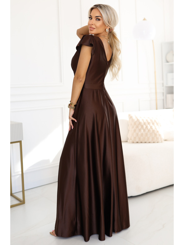 numoco CRYSTAL szatén hosszú ruha dekoltázzsal - csokoládébarna