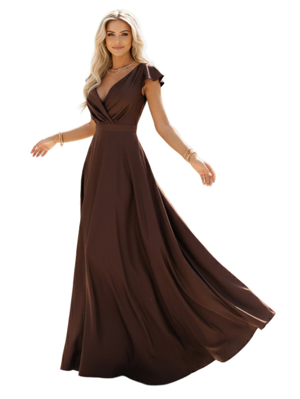 numoco CRYSTAL szatén hosszú ruha dekoltázzsal - csokoládébarna