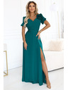 numoco Elegáns hosszú estélyi ruha virággal, övvel és magas hasítékkal - palackzöld