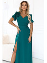numoco Elegáns hosszú estélyi ruha virággal, övvel és magas hasítékkal - palackzöld