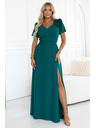 numoco Elegáns hosszú estélyi ruha virággal, övvel és magas hasítékkal - palackzöld