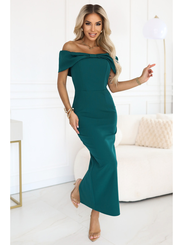 numoco Érzéki midi ruha masnis dekoltázzsal - palackzöld