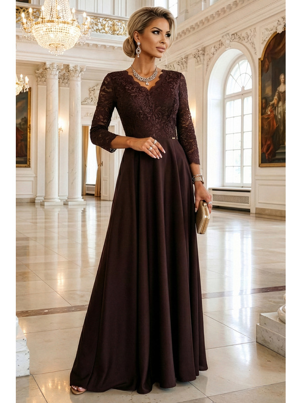 numoco AMBER Elegáns hosszú csipke ruha kivágással - csokoládébarna