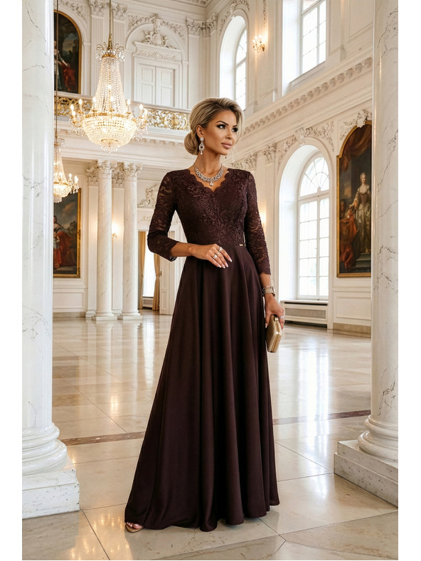 numoco AMBER Elegáns hosszú csipke ruha kivágással - csokoládébarna