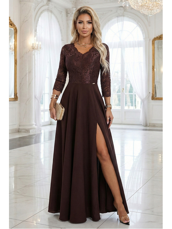 numoco AMBER Elegáns hosszú csipke ruha kivágással - csokoládébarna