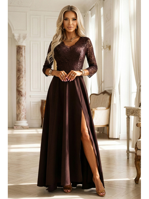 numoco AMBER Elegáns hosszú csipke ruha kivágással - csokoládébarna