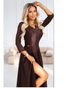 numoco AMBER Elegáns hosszú csipke ruha kivágással - csokoládébarna