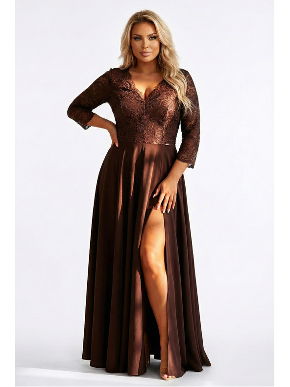 numoco AMBER Elegáns hosszú csipke ruha kivágással - csokoládébarna