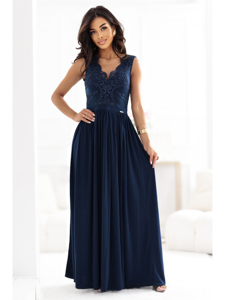 numoco LEA Hosszú elegáns maxiruha csipke felsőrésszel és lábhasítékkal - sötétkék