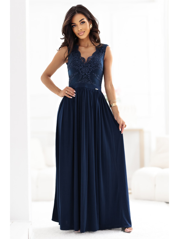 numoco LEA Hosszú elegáns maxiruha csipke felsőrésszel és lábhasítékkal - sötétkék