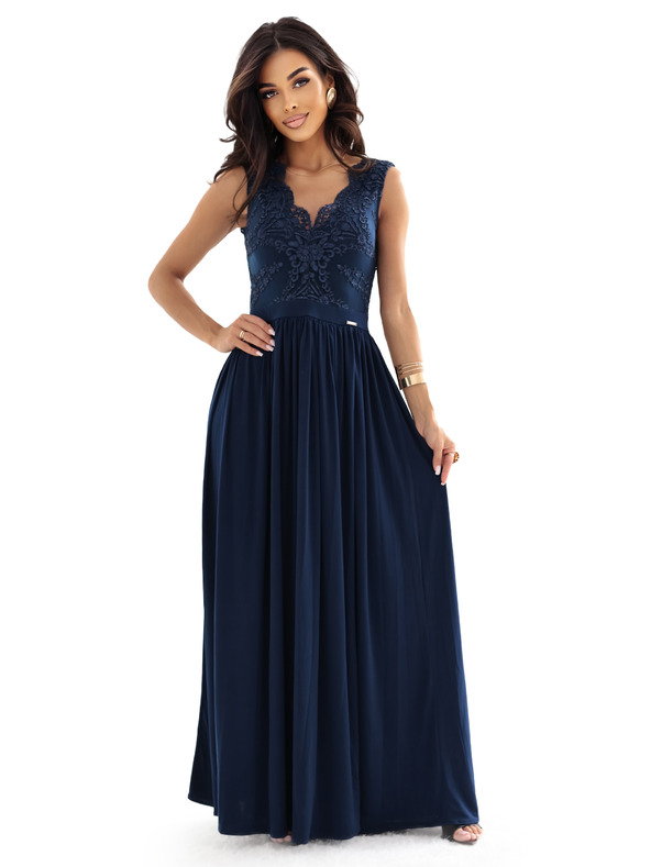 numoco LEA Hosszú elegáns maxiruha csipke felsőrésszel és lábhasítékkal - sötétkék