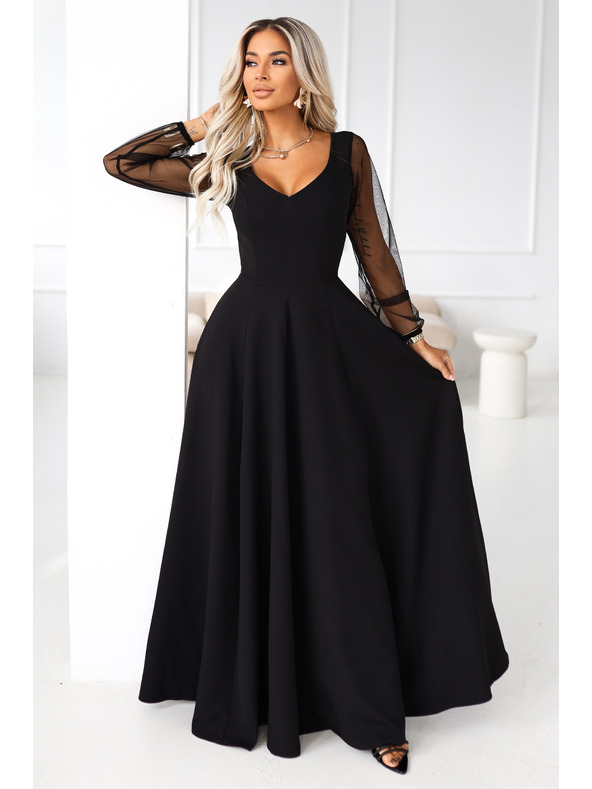 numoco LORETTA Egyedi hosszú ruha tüll ujjakkal és kivágással - fekete