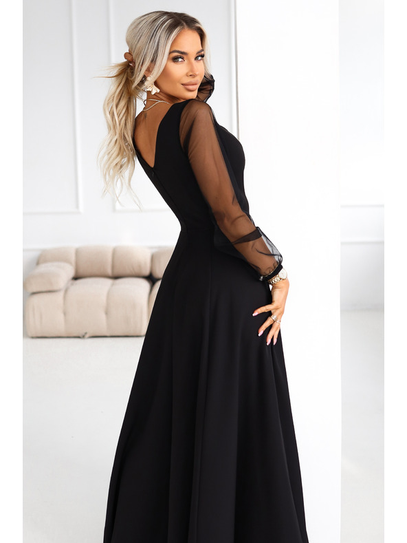 numoco LORETTA Egyedi hosszú ruha tüll ujjakkal és kivágással - fekete