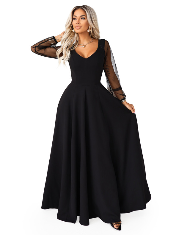 numoco LORETTA Egyedi hosszú ruha tüll ujjakkal és kivágással - fekete