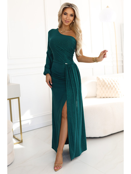 numoco Csillogó maxiruha egy vállpánttal, aszimmetrikus ujjakkal és hasítékkal - üvegzöld