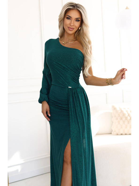 numoco Csillogó maxiruha egy vállpánttal, aszimmetrikus ujjakkal és hasítékkal - üvegzöld