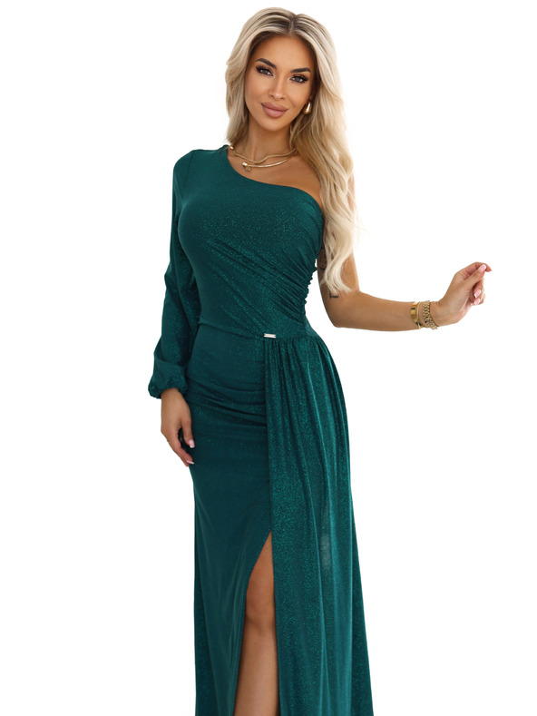 numoco Csillogó maxiruha egy vállpánttal, aszimmetrikus ujjakkal és hasítékkal - üvegzöld