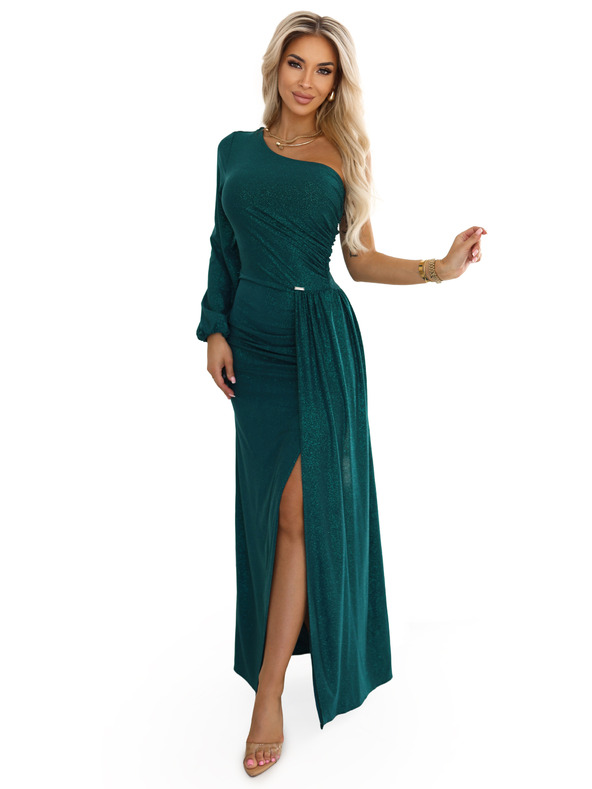 numoco Csillogó maxiruha egy vállpánttal, aszimmetrikus ujjakkal és hasítékkal - üvegzöld
