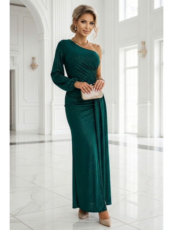 numoco Csillogó maxiruha egy vállpánttal, aszimmetrikus ujjakkal és hasítékkal - üvegzöld