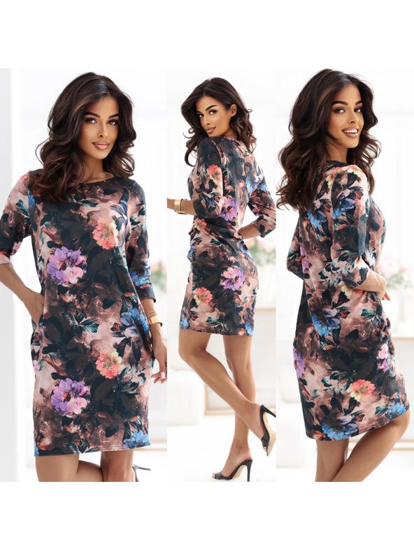 numoco JOLA Extra méretű ruha zsebekkel - csokoládébarna virágos mintával