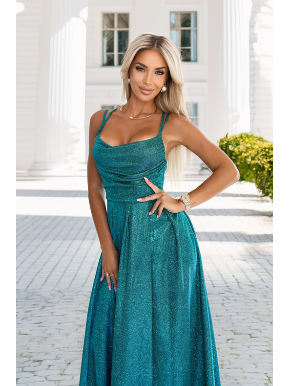 numoco Hosszú ruha finom csillogással és hátul fűzős derékrésszel - zöld csillogással