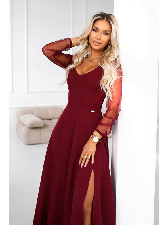 numoco LORETTA egyedi hosszú ruha tüll ujjakkal és kivágással - bordó