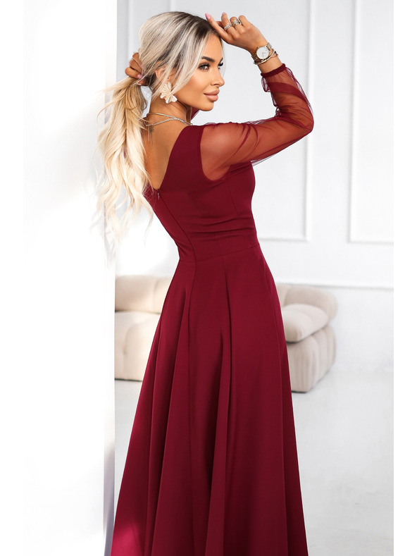 numoco LORETTA egyedi hosszú ruha tüll ujjakkal és kivágással - bordó