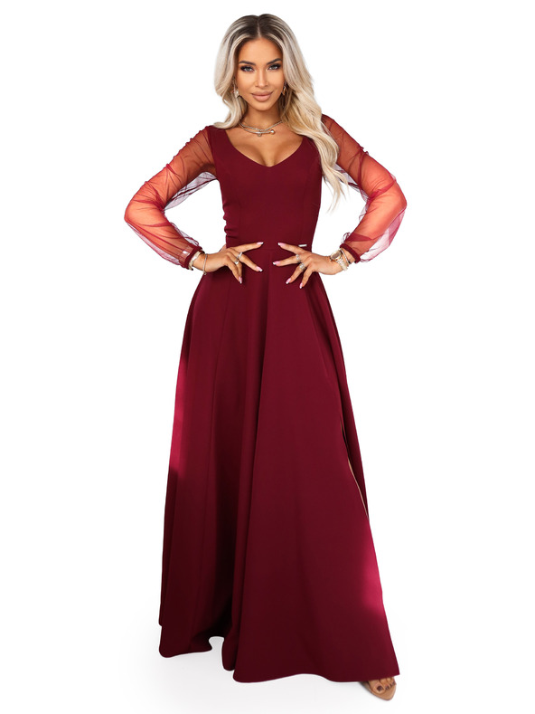 numoco LORETTA egyedi hosszú ruha tüll ujjakkal és kivágással - bordó