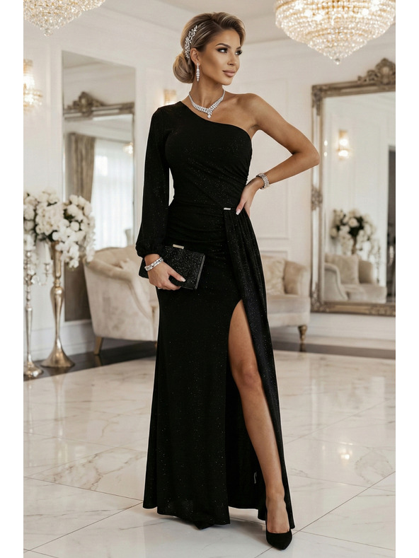 numoco Csillogó maxi ruha egy vállpánttal, aszimmetrikus ujjakkal és hasítékkal - fekete