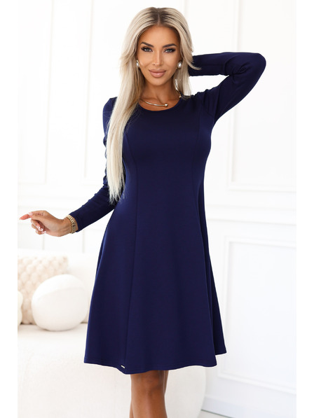 numoco Kényelmes trapéz ruha hosszú ujjakkal - sötétkék