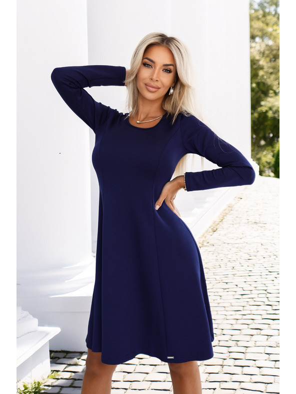 numoco Kényelmes trapéz ruha hosszú ujjakkal - sötétkék
