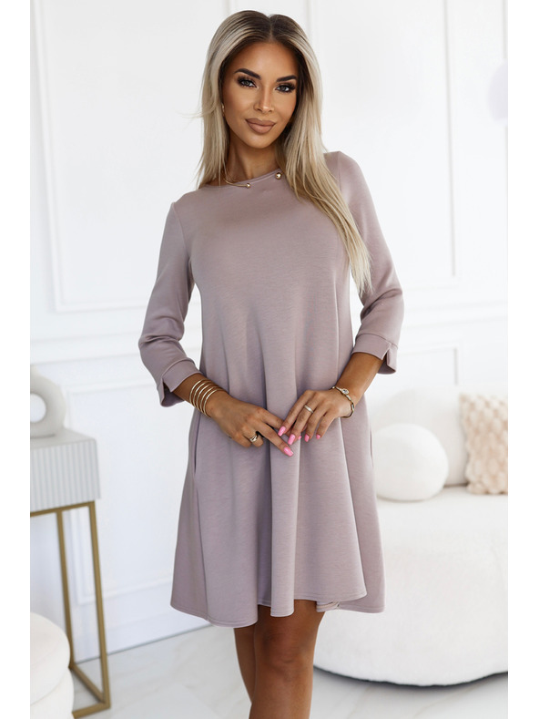 numoco Klasszikus trapéz ruha fekete övvel - bézs