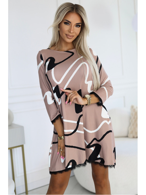 numoco Trapéz kötött ruha csipkével - bézs fekete-fehér mintázattal