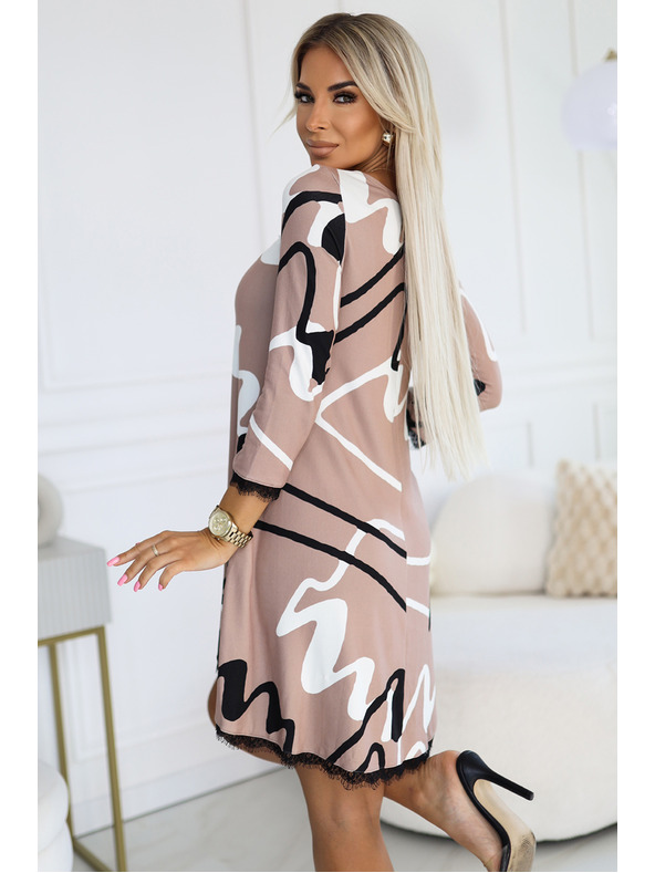 numoco Trapéz kötött ruha csipkével - bézs fekete-fehér mintázattal