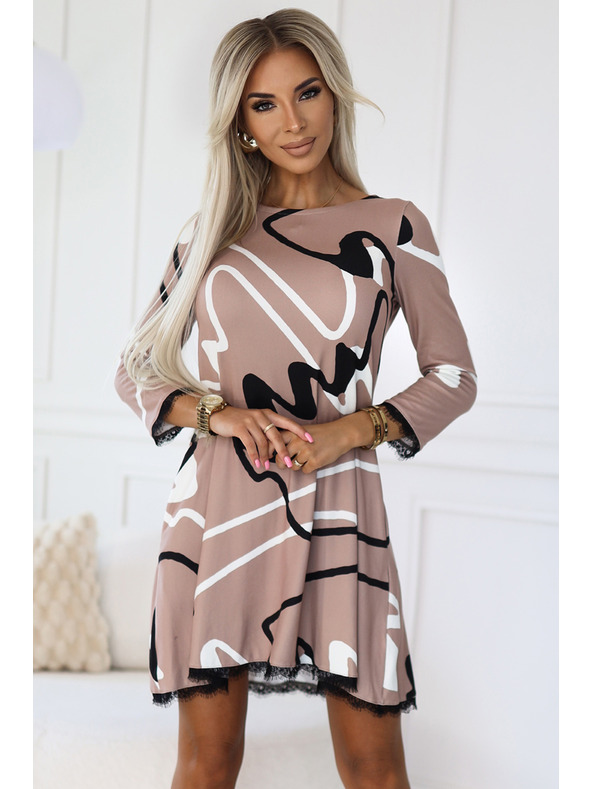 numoco Trapéz kötött ruha csipkével - bézs fekete-fehér mintázattal