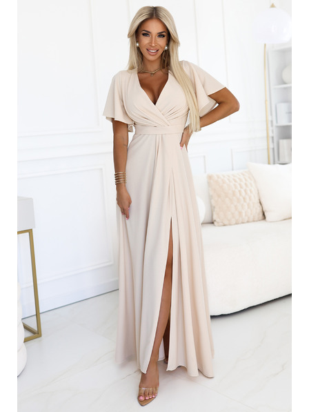numoco JENNIFER hosszú ruha lábrésznél hasítékkal, ujjakkal és kivágással - bézs