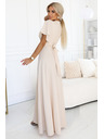 numoco JENNIFER hosszú ruha lábrésznél hasítékkal, ujjakkal és kivágással - bézs