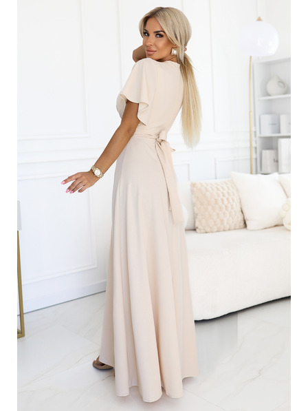 numoco JENNIFER hosszú ruha lábrésznél hasítékkal, ujjakkal és kivágással - bézs