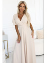 numoco JENNIFER hosszú ruha lábrésznél hasítékkal, ujjakkal és kivágással - bézs