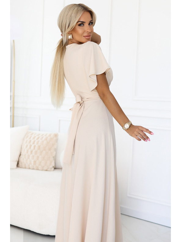 numoco JENNIFER hosszú ruha lábrésznél hasítékkal, ujjakkal és kivágással - bézs