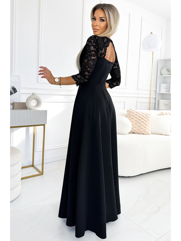 numoco AMBER csipkés, elegáns hosszú ruha kivágással és lábrésznél hasítékkal - fekete
